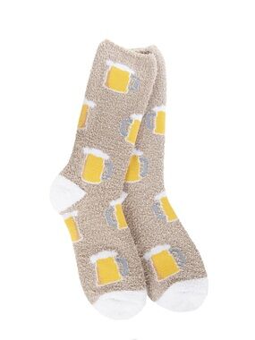 New Worlds Softest Cozy Collection Beer Mug Print Unisex Socks in Beige/White